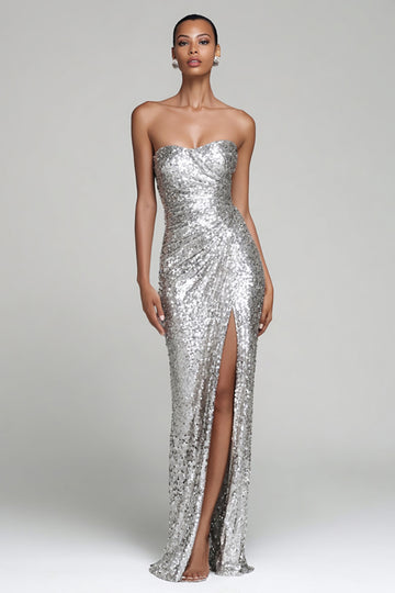 Strapless Sheath Ruched Silver Evening Dress with Slit